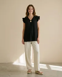 Gold Button Detail Frill Top - S/M / BLACK - female