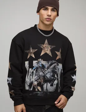 Herren Schwarzes Oversized Boxy Western Print Sweatshirt mit verlängertem Hals Black Größe XL - boohooMAN - FashionsVida