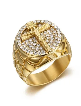 Men's Jesus Cross Ring 23mm Chunky Gold Color Stainless Steel Iced Out Crystal Round Crucifix Rings for Man Religious Jewelry - Aliexpress - FashionsVida