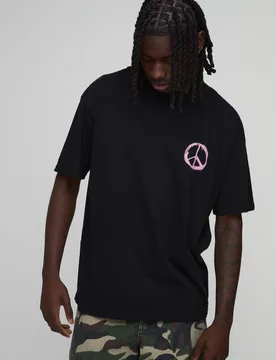 Mens Oversized Graffiti Floral Print T-Shirt - Black Cotton - Size X-Small - boohooMAN - FashionsVida