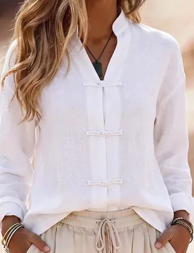 Camisa holgada y cómoda para mujer de mediana edad con elemento de botón de rana y diseño de cuello alto pequeño, ropa casual, top blanco para uso - Shein - FashionsVida