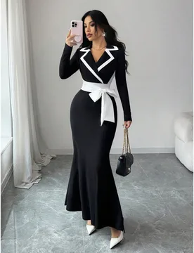 Vestido elegante y casual de punto con cintura ajustada y contraste de color para Navidad, Año Nuevo y Acción de Gracias, negro y blanco M - Shein - FashionsVida