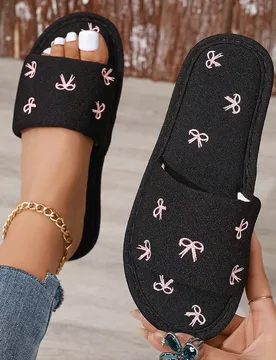 Pantuflas de casa para mujer con lazo bordado, de tela, para todas las estaciones, de suela plana y peluche, para interior y piso CN40-41 - Shein - FashionsVida
