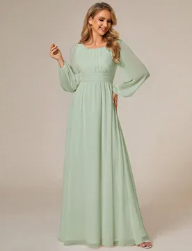 Elegante vestido de mujer de gasa con cuello redondo, mangas farol y manga larga, vestido de dama de honor verde salvia, vestidos de novia para otoño - Shein - FashionsVida