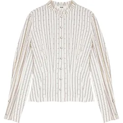 Camisa de mujer entallada con cuello alto y volantes
