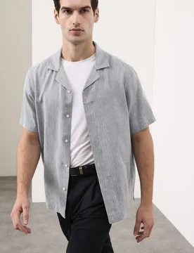 Linen Blend Short Sleeve Shirt Air Force Blue male - Autograph - FashionsVida