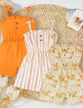 Conjunto de 3 piezas de monos casuales para niñas preadolescentes con estampado floral diminuto, a rayas y de unicolor, adecuados para familias con v - Shein - FashionsVida