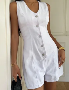 Mono vaquero blanco elegante para mujer, mono sin mangas con cuello en V y cierre de un solo botón, conjunto informal francés para vacaciones de ver - Shein - FashionsVida