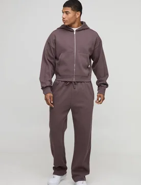 Herren Verkürzter Kastenförmiger Premium Interlock Durchgehend Reißverschluss Hoodie Sweatshirt Chocolate Größe XL - boohooMAN - FashionsVida