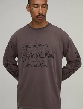 Mens Washed Chocolate Oversized Official Doodle Print Long Sleeve T-Shirt Cotton - Size X-Small - boohooMAN - FashionsVida