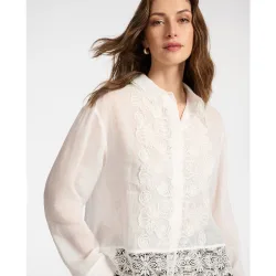 Camisa de mujer de ramio con encaje ajuste relajado con cierre de botones