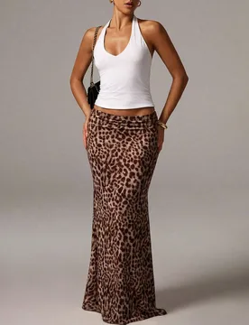 Falda midi de diseño minimalista sexy y de moda con estampado de leopardo, marrón oscuro, para vacaciones, otoño/invierno, noche XS - Shein - FashionsVida