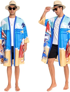 Men Blue Shark Printed Pattern Kimono Robe Bathrobe Beach Smock Lightweight Swim Jacket - S - OLAOLA - FashionsVida