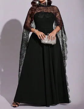 Vestido largo de verano para mujer talla grande, elegante con encaje, sin tirantes, negro, cintura ceñida, corte A, con top asimétrico tipo chal par - Shein - FashionsVida