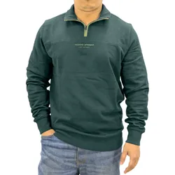 Mens Sweatshirt Quarter Zip Pullover Long Sleeve Top - Green Cotton - Size Medium