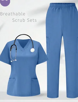 Conjunto de uniforme de enfermería con blusa y pantalones de un solo color cuello en V de manga corta con bolsillo L - Shein - FashionsVida