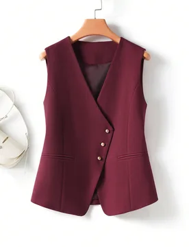 Chaleco corto de mujer con drapeado de moda, chaqueta sin mangas ajustada para ir al trabajo, primavera y otoño verano L - Shein - FashionsVida
