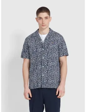 Mens True Navy Landon Print Revere Shirt - Male - Navy - Medium - Farah - FashionsVida