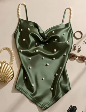 Top de tirantes para mujer talla grande, estilo francés elegante y casual para vacaciones, de punto elástico en tela de satén de alta gama, ajustad - Shein - FashionsVida
