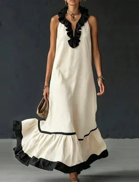 Vestido de algodón cómodo y casual sin mangas con cuello negro para mujer de talla grande, vestido de verano para vacaciones 4XL - Shein - FashionsVida