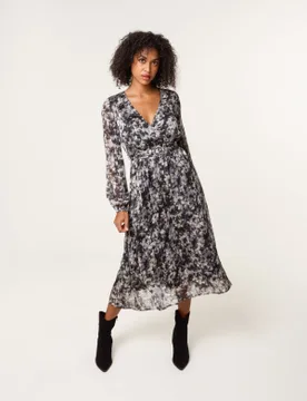 Printed Metallic Buckle Belted Midi Dress - 6/8 / BLACK - female - Blue Vanilla - FashionsVida