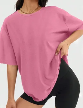 Camiseta holgada de mujer de manga corta y cuello redondo, camisa casual Y2K, estilo básico para deportes de verano en color rosa - Shein - FashionsVida