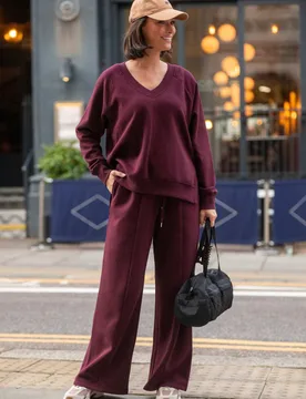 Cotton Rich Drawstring Wide Leg Joggers Burgundy female - Pour Moi - FashionsVida