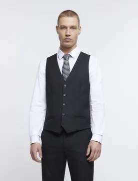 Mens Twill Waistcoat Black Skinny Fit - Size 40 (Chest) - River Island - FashionsVida