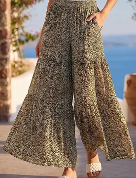 Women's Animal Print Tiered Palazzo Trouser in Brown Size: Medium - Brown - Size: M - Roman - FashionsVida