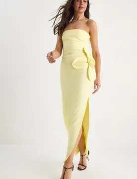 Womens Strapless Floral Maxi Dress With Bow Detail - Yellow - Bianco Lucci - FashionsVida