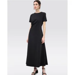 Vestido midi elástico de manga corta con fruncido en cintura