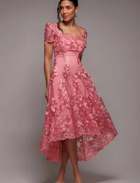 Women's Scalloped Neck Embroidered Lace High Low Midi Dress in Coral Size: 12 - Coral - Size: 12 - Goddiva - FashionsVida