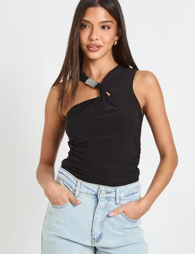 Womens Ruched Waist Slinky Top With Twist Neck Tim - Black Elastane - Size 16 Uk - Boohoo - FashionsVida