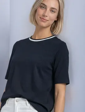 T-Shirt mit Rundhals und Kontrastdetail female Blau - Street One - FashionsVida