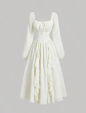 Vestido de color albaricoque con mangas de farol con volantes para mujer, vestido de invitada de boda de otoño, vestido renacentista, vestido de grad - Shein - FashionsVida