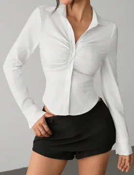 Camisa blanca de manga larga ajustada para mujer, estilo nuevo de verano para oficina y uso diario, con cuello alto, pecho fruncido, bajo en punta, ab - Shein - FashionsVida