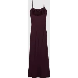 Vestido midi fluido satinado con escote cuadrado y flecos