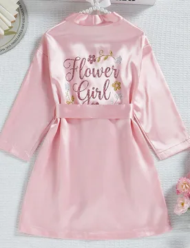 Bata de pijama para niña de satén rosa con estampado floral, manga larga, cintura con lazo, cuello redondo, lazo liso y letra, suave, acogedora y li - Shein - FashionsVida