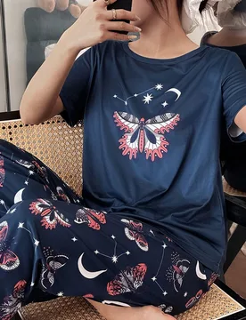 Conjunto de Pijama de 2 Piezas con Estampado de Mariposa & Luna Creciente de Manga Corta para Mujer, Conjunto de Pijama de Verano XL - Shein - FashionsVida