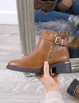 Women's Gold Zip Straps Ankle Boots in Tan Size: 9 - Tan - Size: 9 - Ajvani - FashionsVida