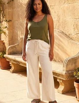 Womens Curve Linen Mix Trousers - Stone - Size Uk 30-32 - Roman - FashionsVida