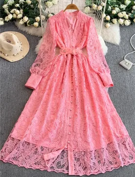 A light luxury lace-embroidered collar and diamond-encrusted beaded elegant long dress with cinched waist - Aliexpress - FashionsVida