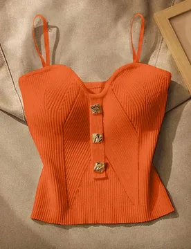 Top de canalé naranja de punto con tirantes de espagueti y decoración de botones, moda de verano para mujer S - Shein - FashionsVida