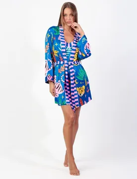 Bata de manga larga de mujer de tela satén de estampado - Admas - FashionsVida