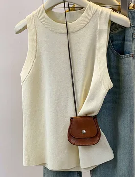 Top de punto sin mangas de unicolor y estilo minimalista para mujer, uso casual de todos los días L - Shein - FashionsVida