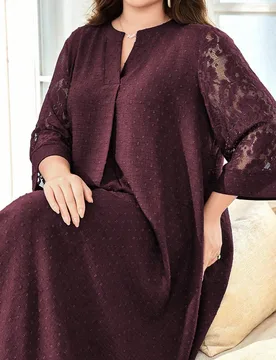 Vestido Elegante Talla Grande Holgado Casual Cómodo & Lujoso con Patchwork de Encaje, Manga 3/4 y Diseño Calado para Otoño para Mujeres, para Fiest - Shein - FashionsVida