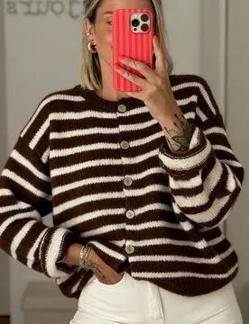 Cárdigan a rayas vintage para mujer, uso diario casual, adecuado para citas, compras, vacaciones de primavera/otoño/invierno, marrón otoñal XL - Shein - FashionsVida
