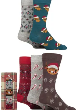 Mens 5 Pair SOCKSHOP Christmas Gift Boxed Bamboo Socks Christmas 7-11 Mens - Multi Coloured - Size: 7-11 Mens - Lazy Panda - FashionsVida