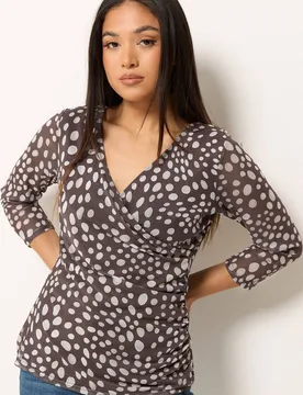 Women's Petite Polka Dot Mesh Sleeve Wrap Top in Chocolate Size: 8 - Chocolate - Size: 8 - M&Co - FashionsVida