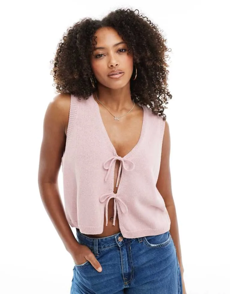Womens V Neck Knitted Tank Top With Bow Tie Front In Pink - Size Large - ASOS DESIGN - FashionsVida